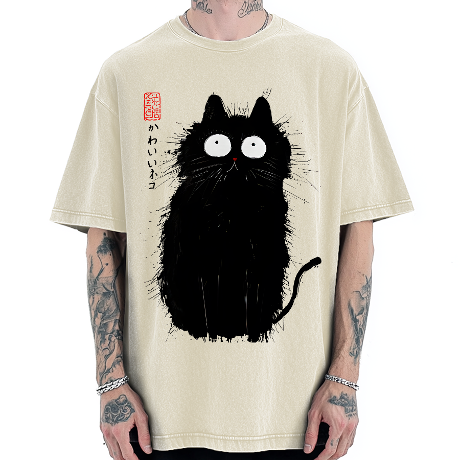 Black Cat With Puffed-Up Fur Vintage Washed T-shirt