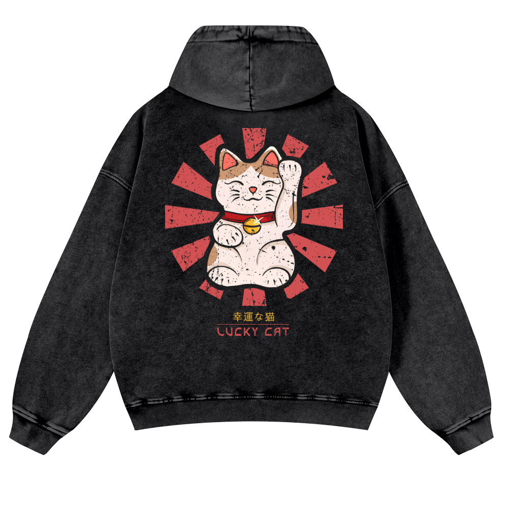 Lucky Cat Vintage Washed Cotton Back Art Hoodie