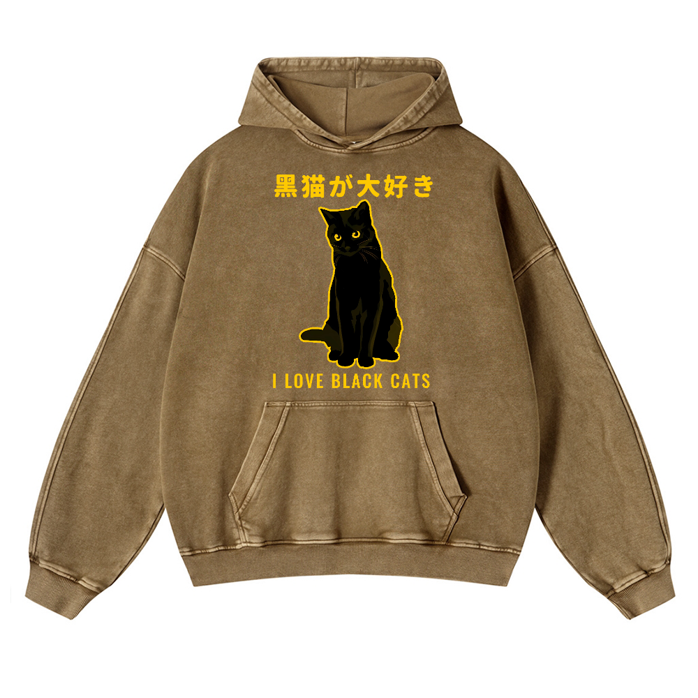 Black Cat Vintage Washed Thick Cotton Hoodie