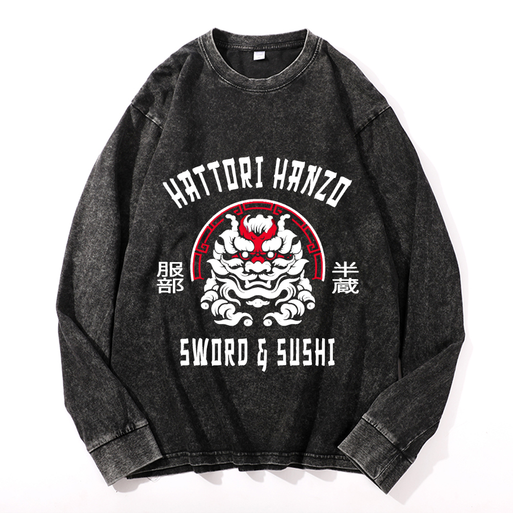 Unisex Hattori Hanzo Komainu Vintage Cotton Wash Crewneck Long-Sleeve T-Shirt