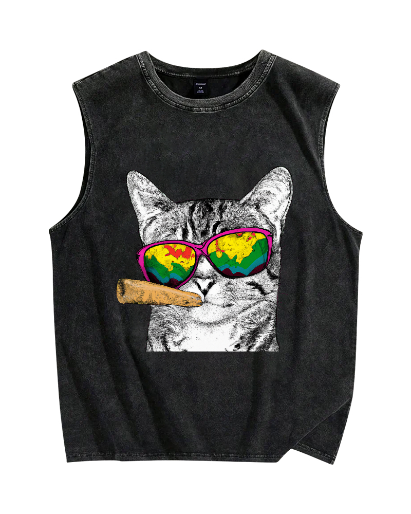Smoking Cat Vintage Distressed Washed Tank Top