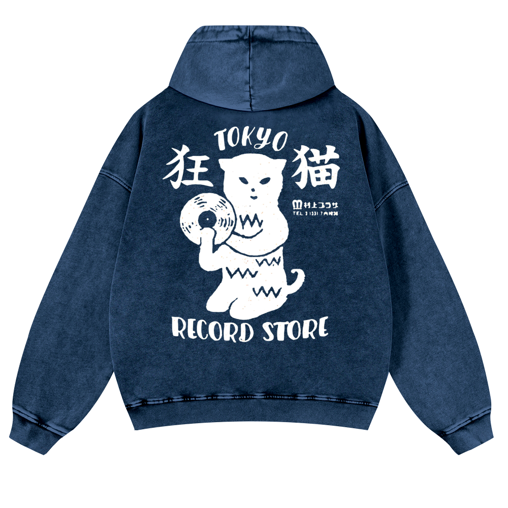 Tokyo Cat Vintage Washed Cotton Back Art Hoodie