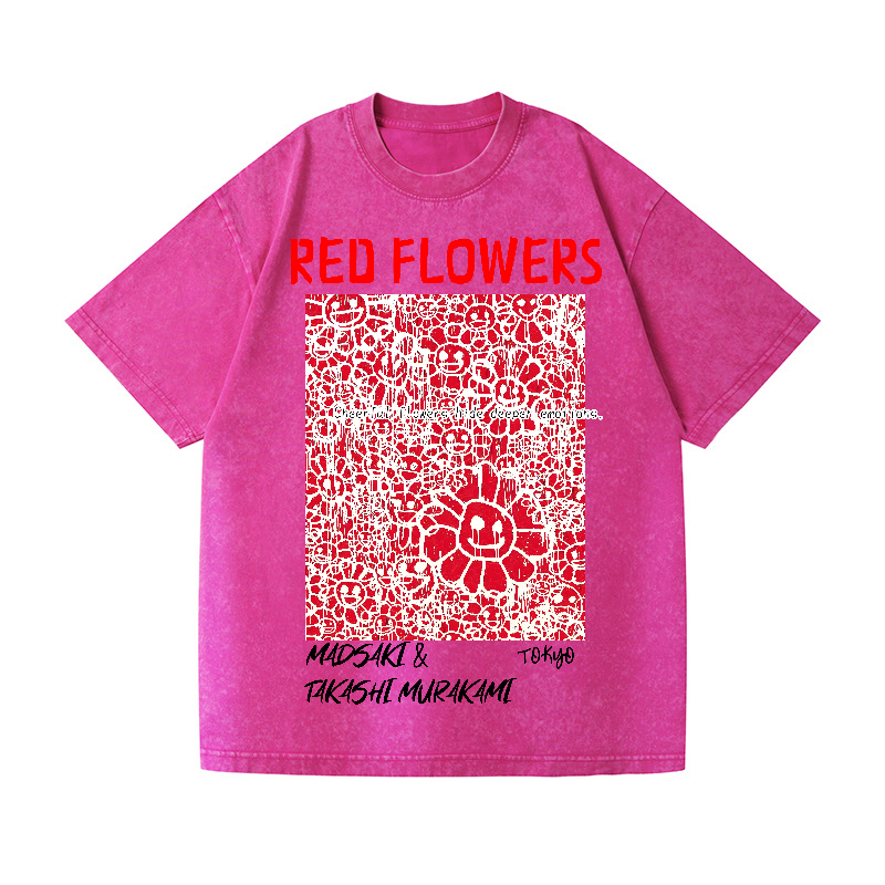 Japan Madsaki Red Flowers Vintage Wash Japanese Design T-Shirt