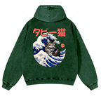 Cat Wave Vintage Washed Cotton Back Art Hoodie