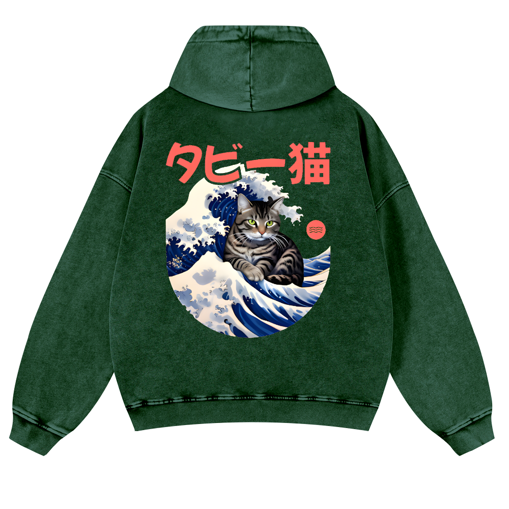 Cat Wave Vintage Washed Cotton Back Art Hoodie