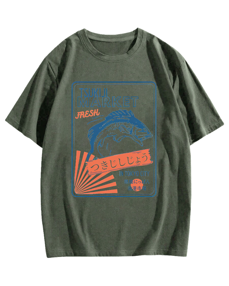 Tsukiji Seafood Market in Japan Cotton casual T-shirt