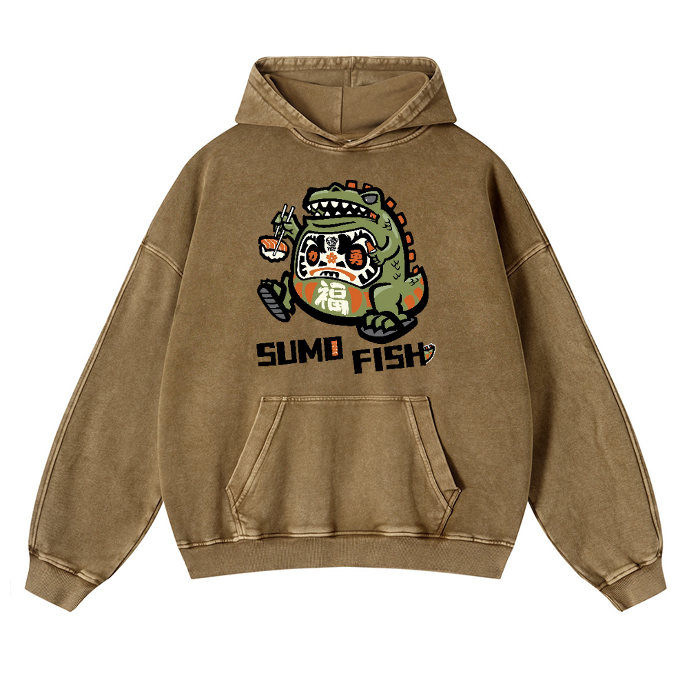 Sumo Fish Daruma Sushi Vintage Washed Thick Cotton Hoodie