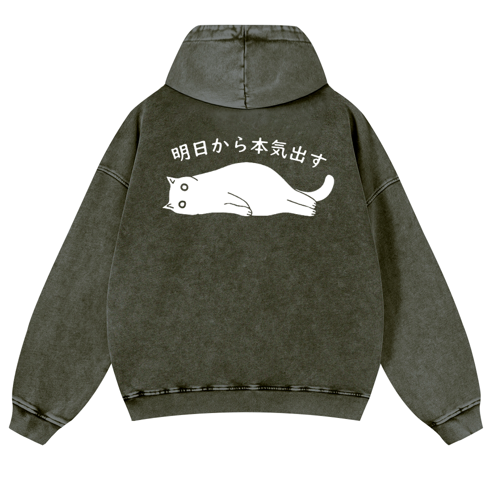 Cat Vintage Washed Cotton Back Art Hoodie
