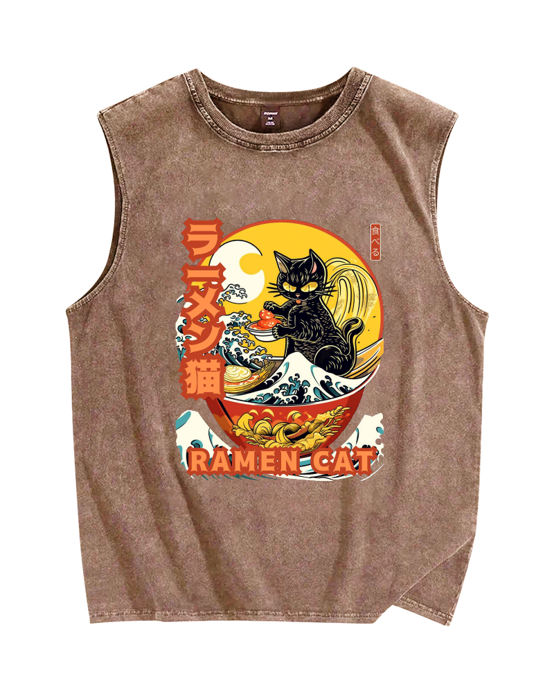 Ramen Cat Vintage Distressed Washed Tank Top