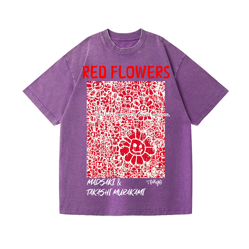 Japan Madsaki Red Flowers Vintage Wash Japanese Design T-Shirt