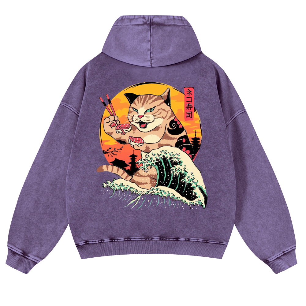 Ukiyoe Cat Vintage Washed Cotton Back Art Hoodie