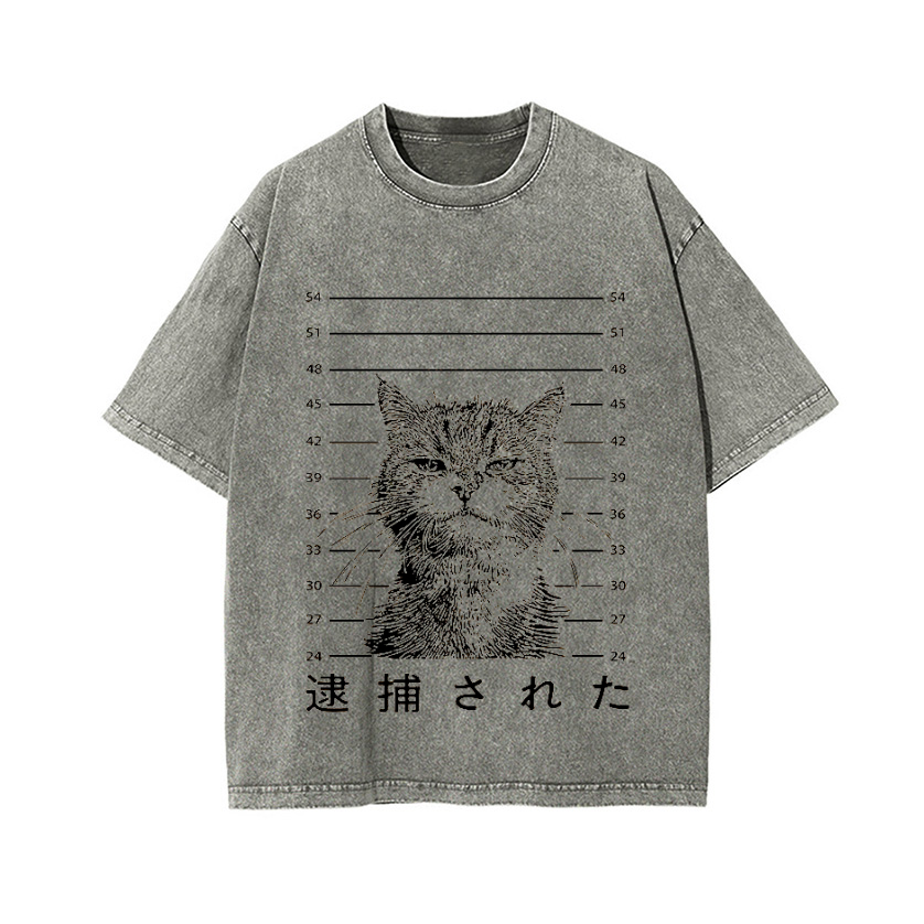 Arrested Cat Vintage Wash Japanese Design T-Shirt