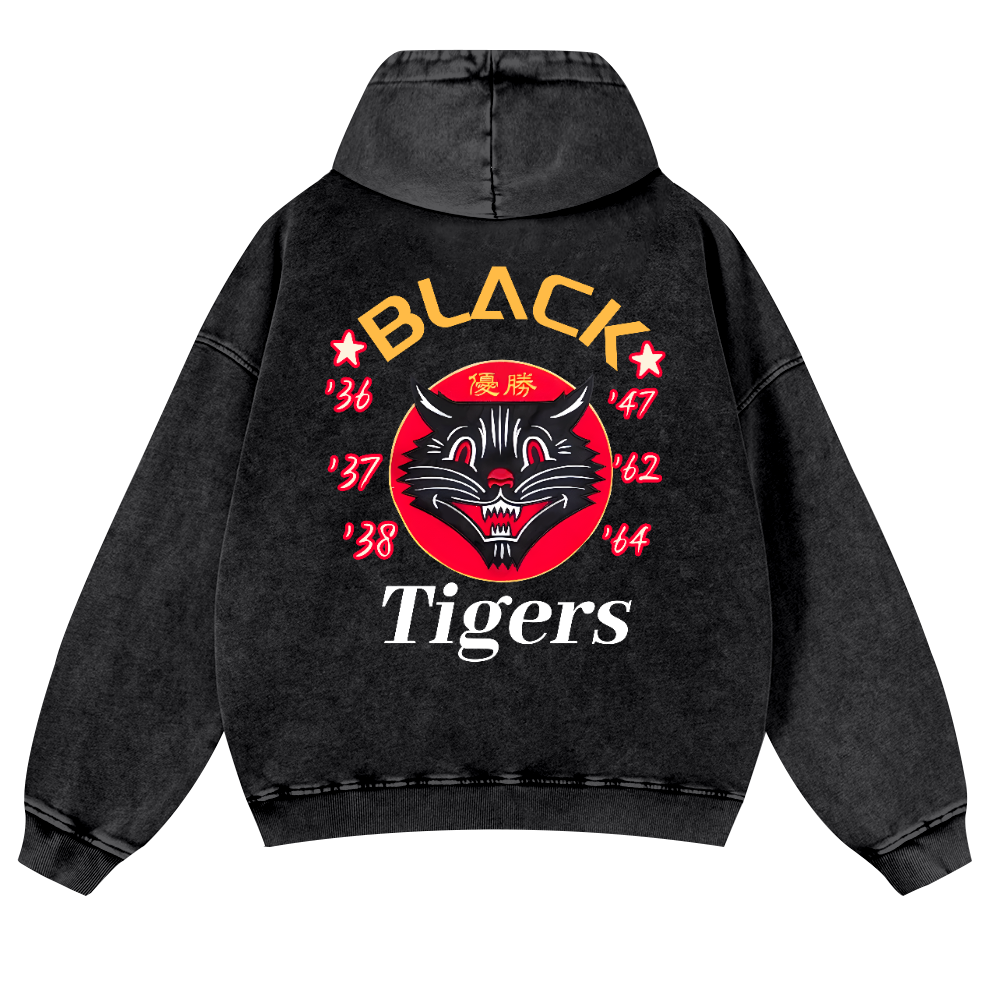 Black Cat Vintage Washed Cotton Back Art Hoodie
