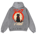 Black Cat Vintage Washed Cotton Back Art Hoodie