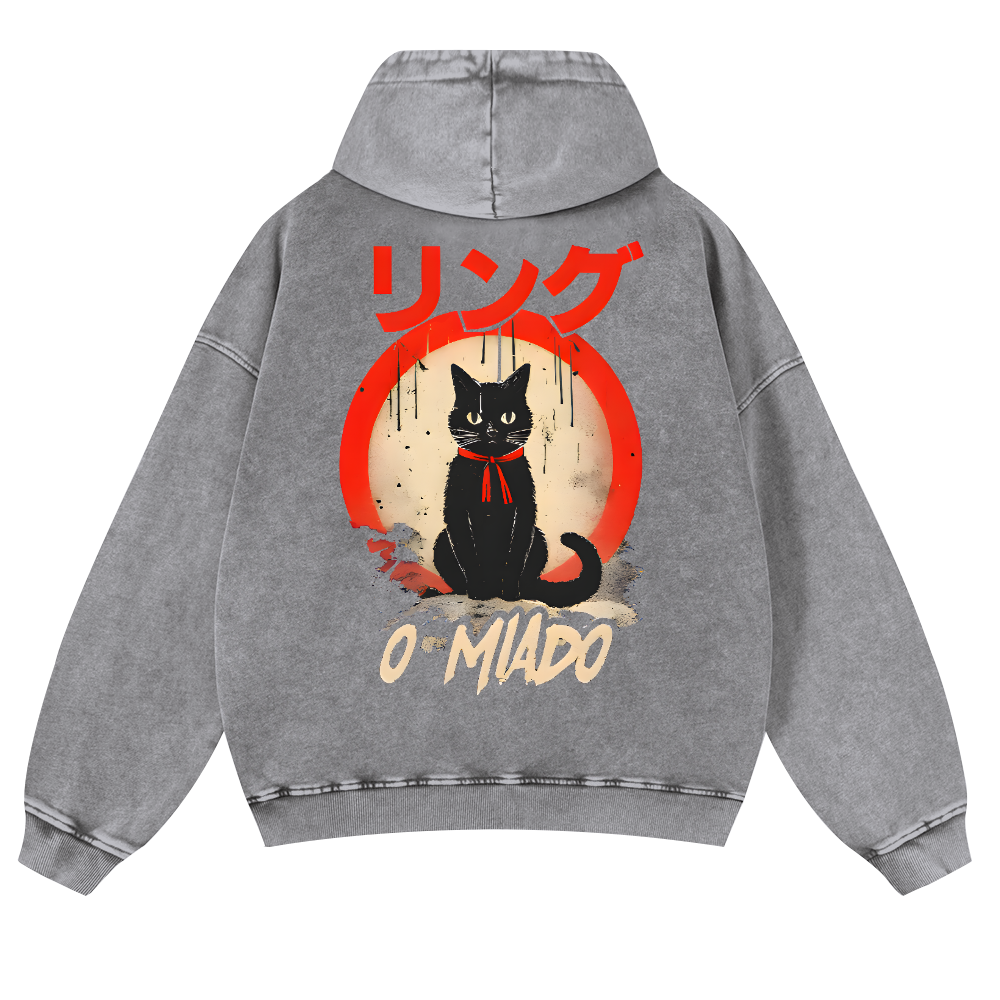 Black Cat Vintage Washed Cotton Back Art Hoodie