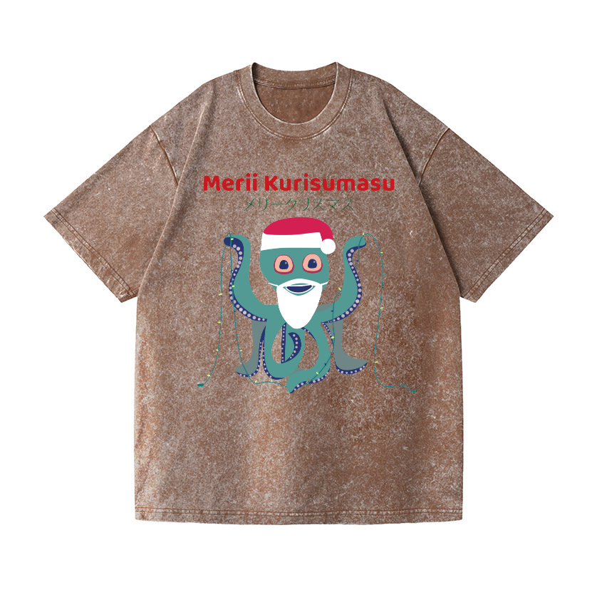 Christmas Octopus Vintage Wash Japanese Design T-Shirt