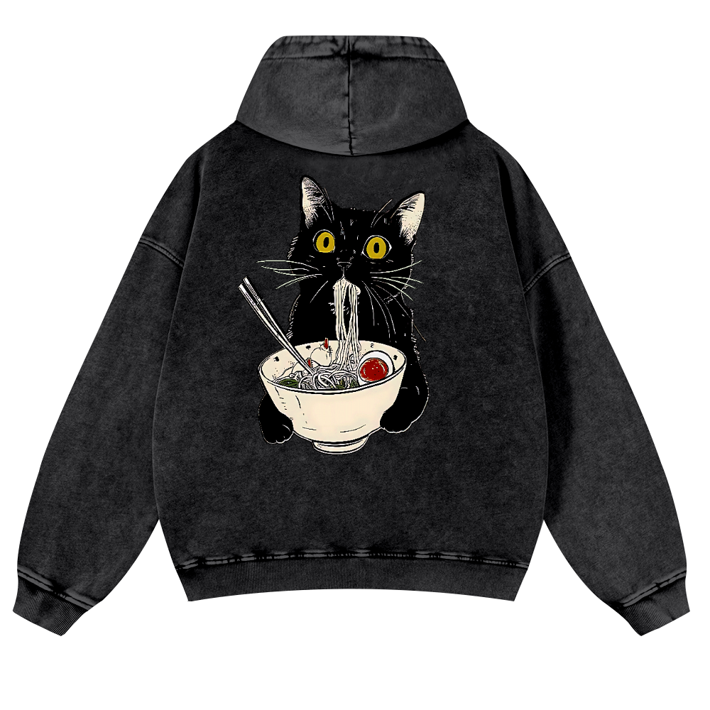Ramen Cat Vintage Washed Cotton Back Art Hoodie