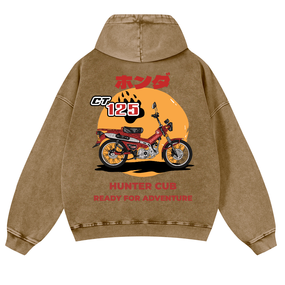 Hunter Cub Motorcycle Bike Vintage Washed Cotton Back Art Hoodie