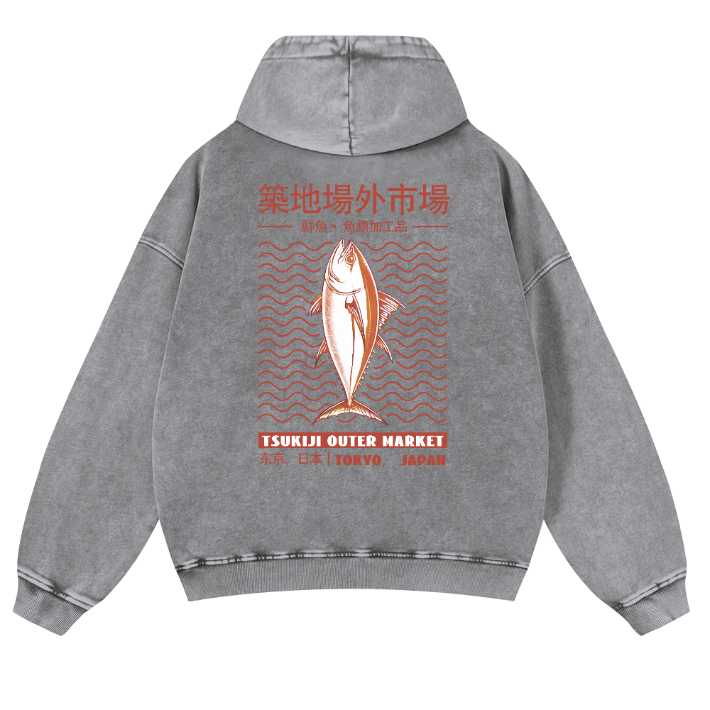 Tsukiji Outer Market Fish Vintage Washed Cotton Back Art Hoodie