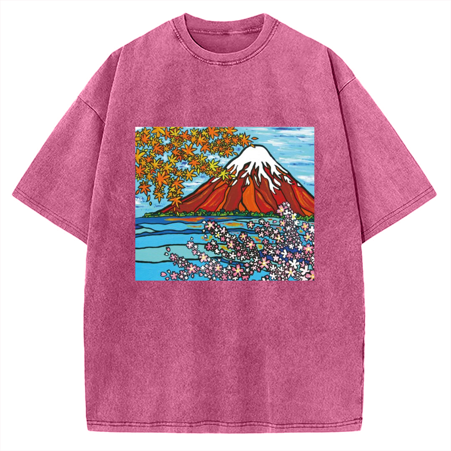 Mt Fuji Janapese Style Painting Vintage Washed T-shirt