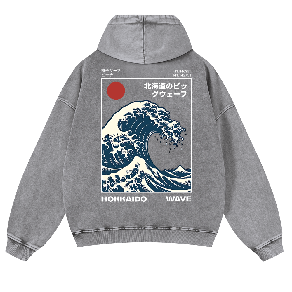 Hokkaido Wave Ukiyoe Vintage Washed Cotton Back Art Hoodie