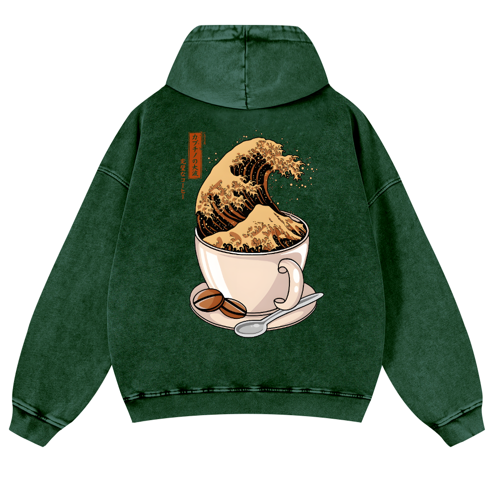 Coffee Wave Vintage Washed Cotton Back Art Hoodie