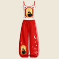 Red White Astrology Black Bird Moon Pumpkin Top & Elasticated Trousers Two-Piece Set