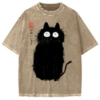Black Cat With Puffed-Up Fur Vintage Washed T-shirt