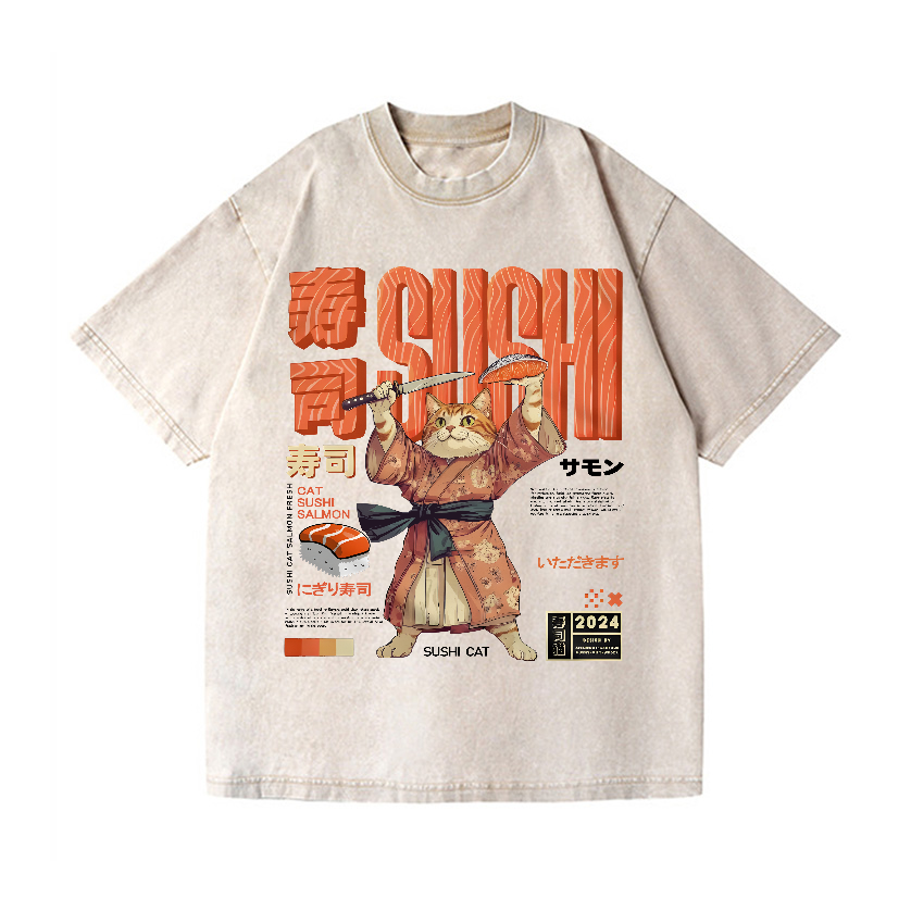 Sushi Cat Salmon Vintage Wash Japanese Design T-Shirt