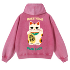Lucky Cat Vintage Washed Cotton Back Art Hoodie
