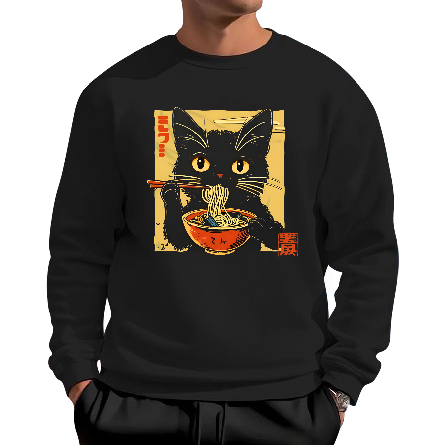Lamian Noodles and Black Cat Cotton Pullover Sweatshirt
