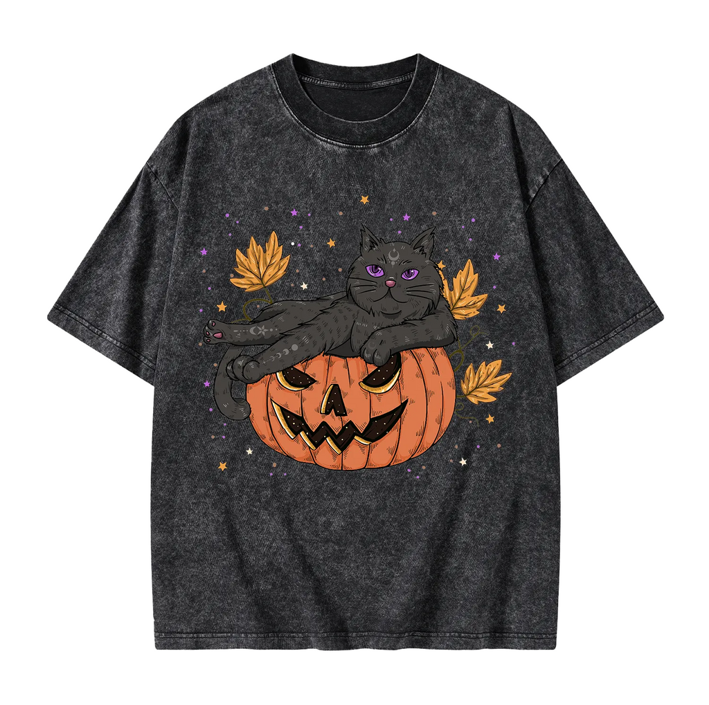Pumpkin Throne of the Witch Cat Washed T-Shirt