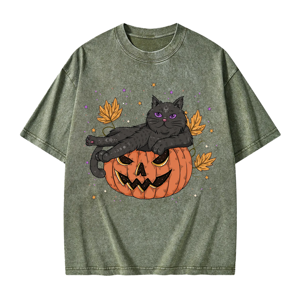 Pumpkin Throne of the Witch Cat Washed T-Shirt
