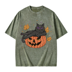 Pumpkin Throne of the Witch Cat Washed T-Shirt
