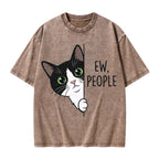 Unisex Funny Cat Ew People Printed Washed Tee