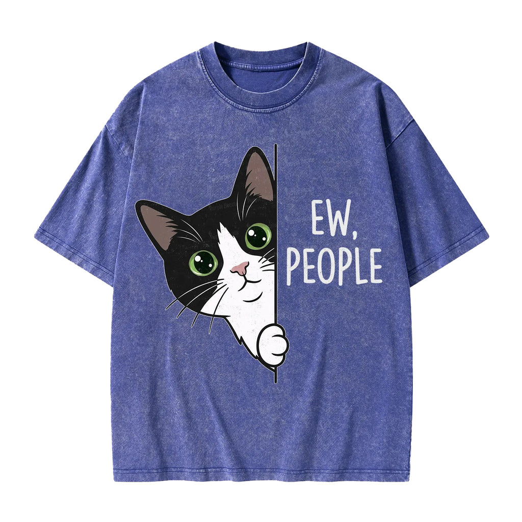 Unisex Funny Cat Ew People Printed Washed Tee