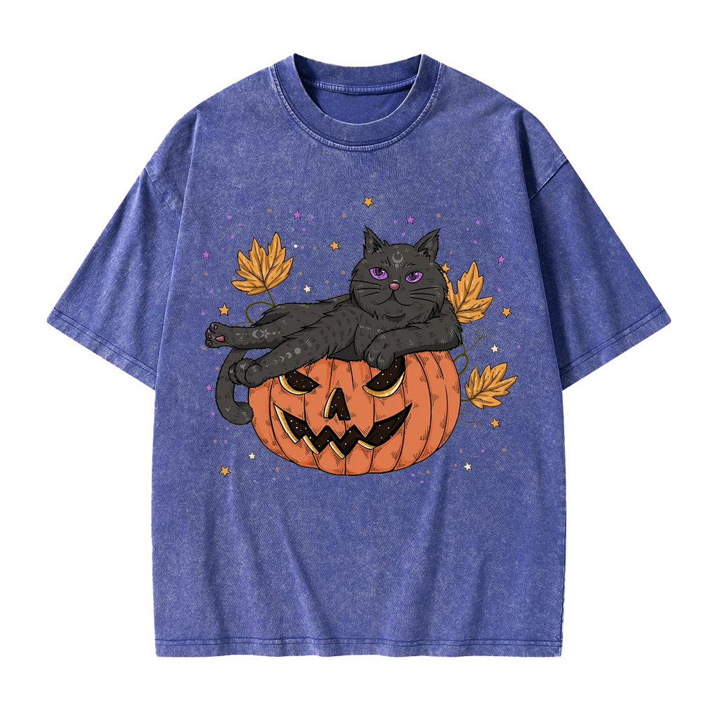 Pumpkin Throne of the Witch Cat Washed T-Shirt