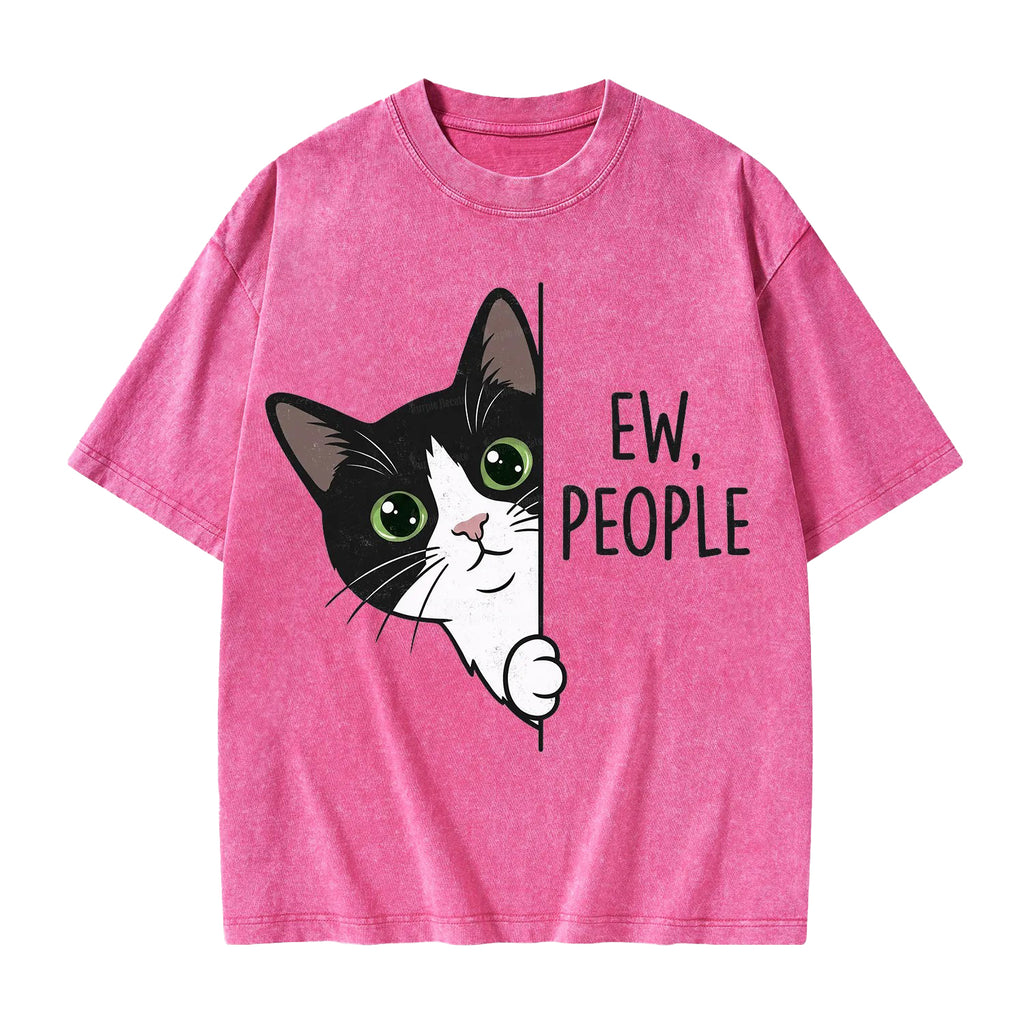 Unisex Funny Cat Ew People Printed Washed Tee