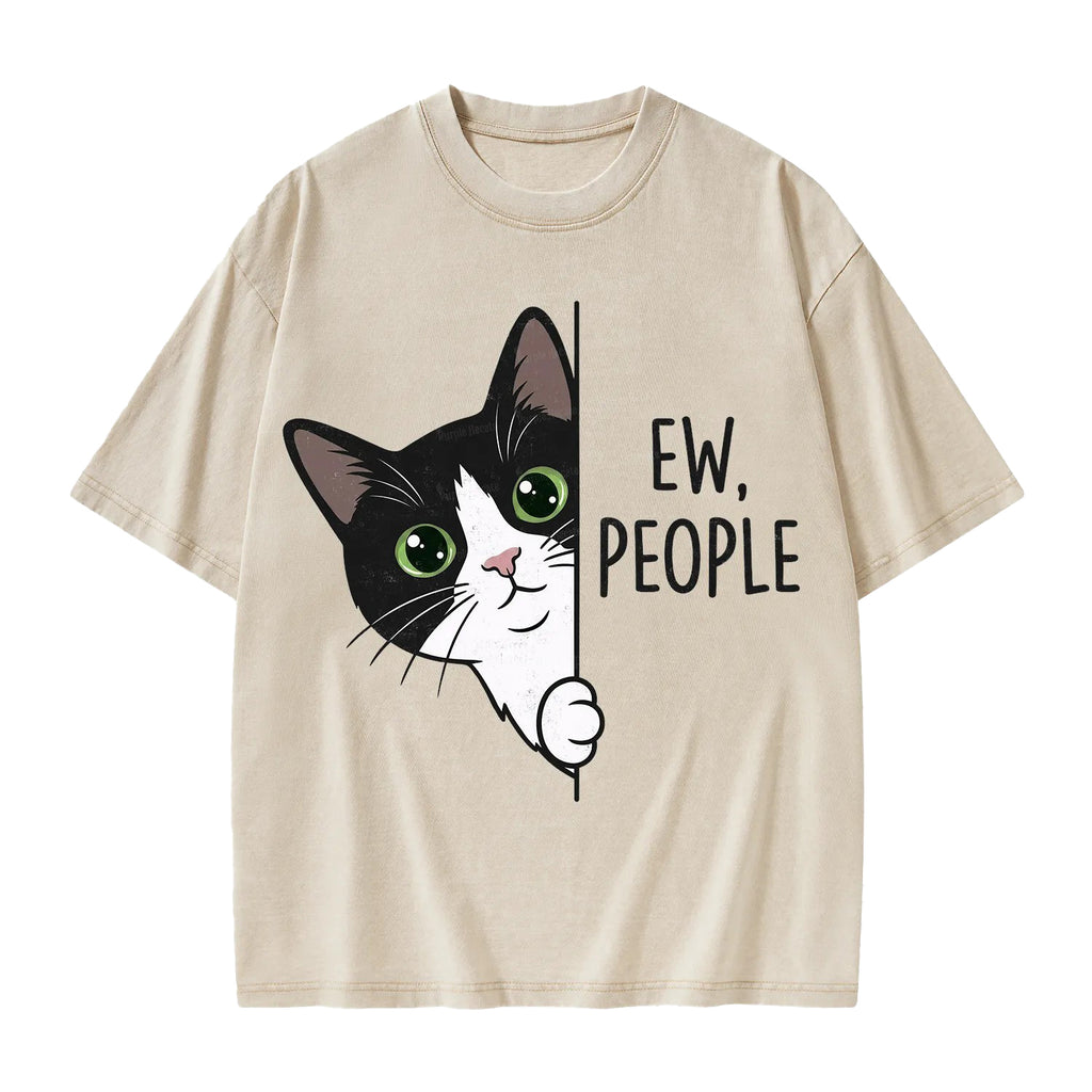 Unisex Funny Cat Ew People Printed Washed Tee
