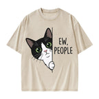 Unisex Funny Cat Ew People Printed Washed Tee