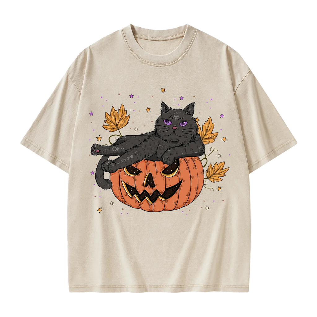 Pumpkin Throne of the Witch Cat Washed T-Shirt