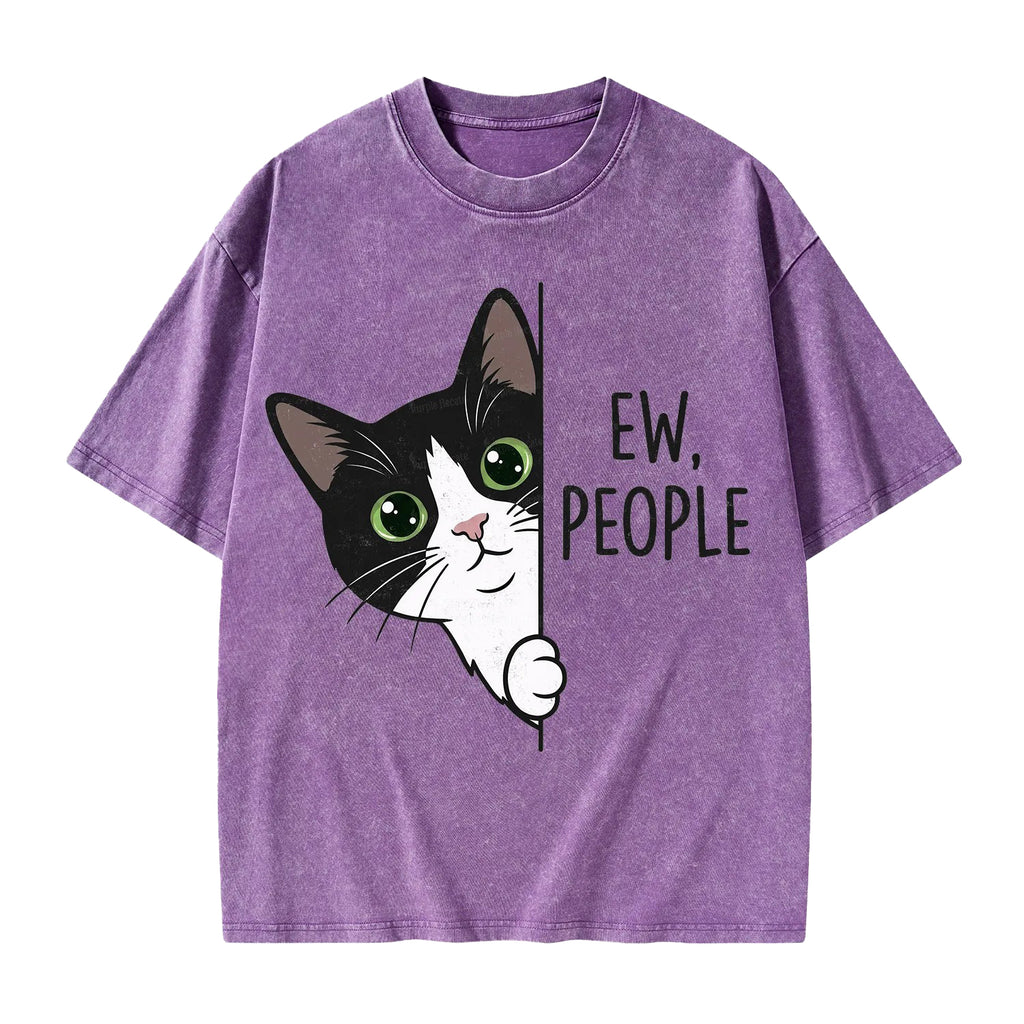 Unisex Funny Cat Ew People Printed Washed Tee
