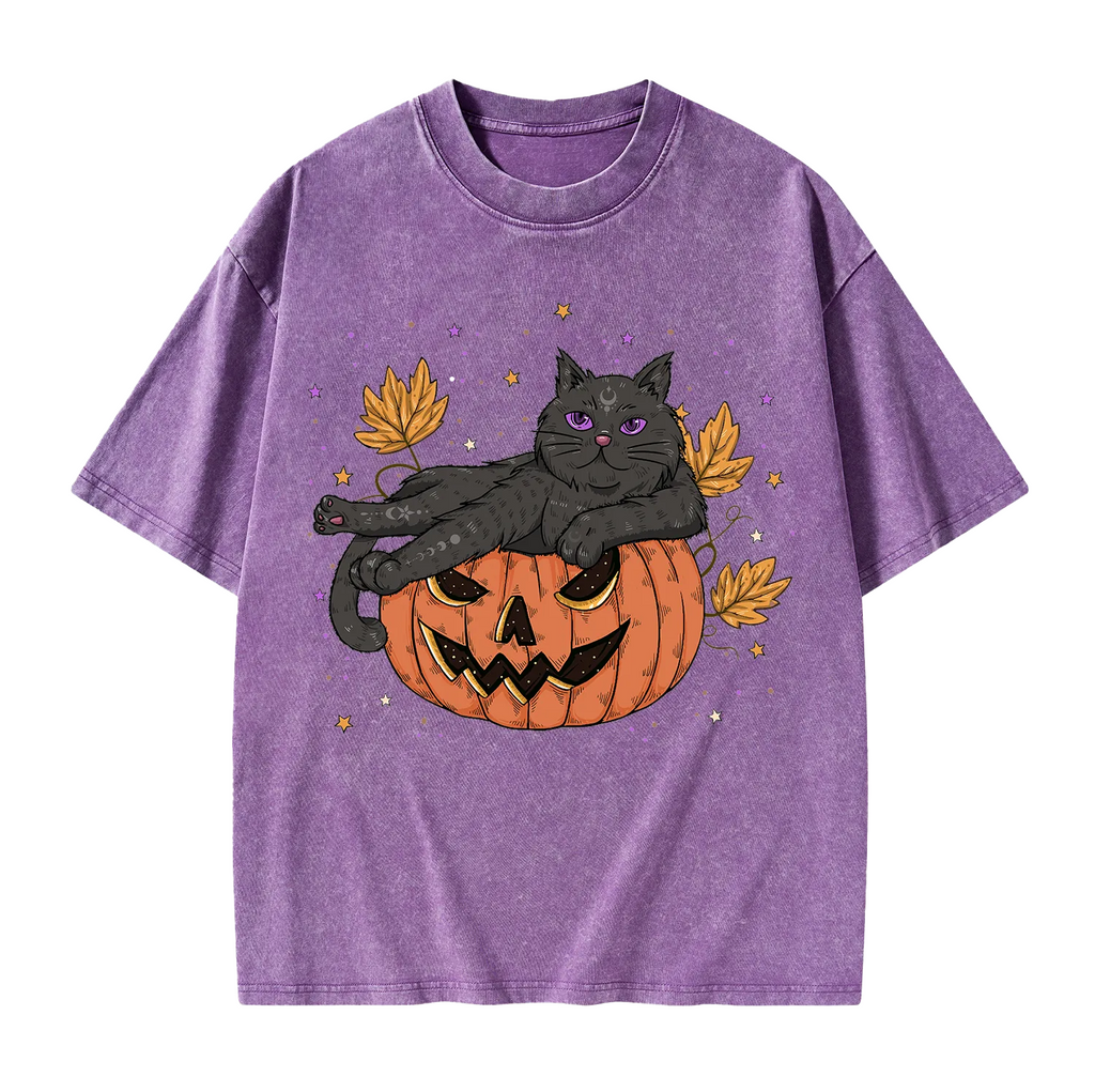 Pumpkin Throne of the Witch Cat Washed T-Shirt