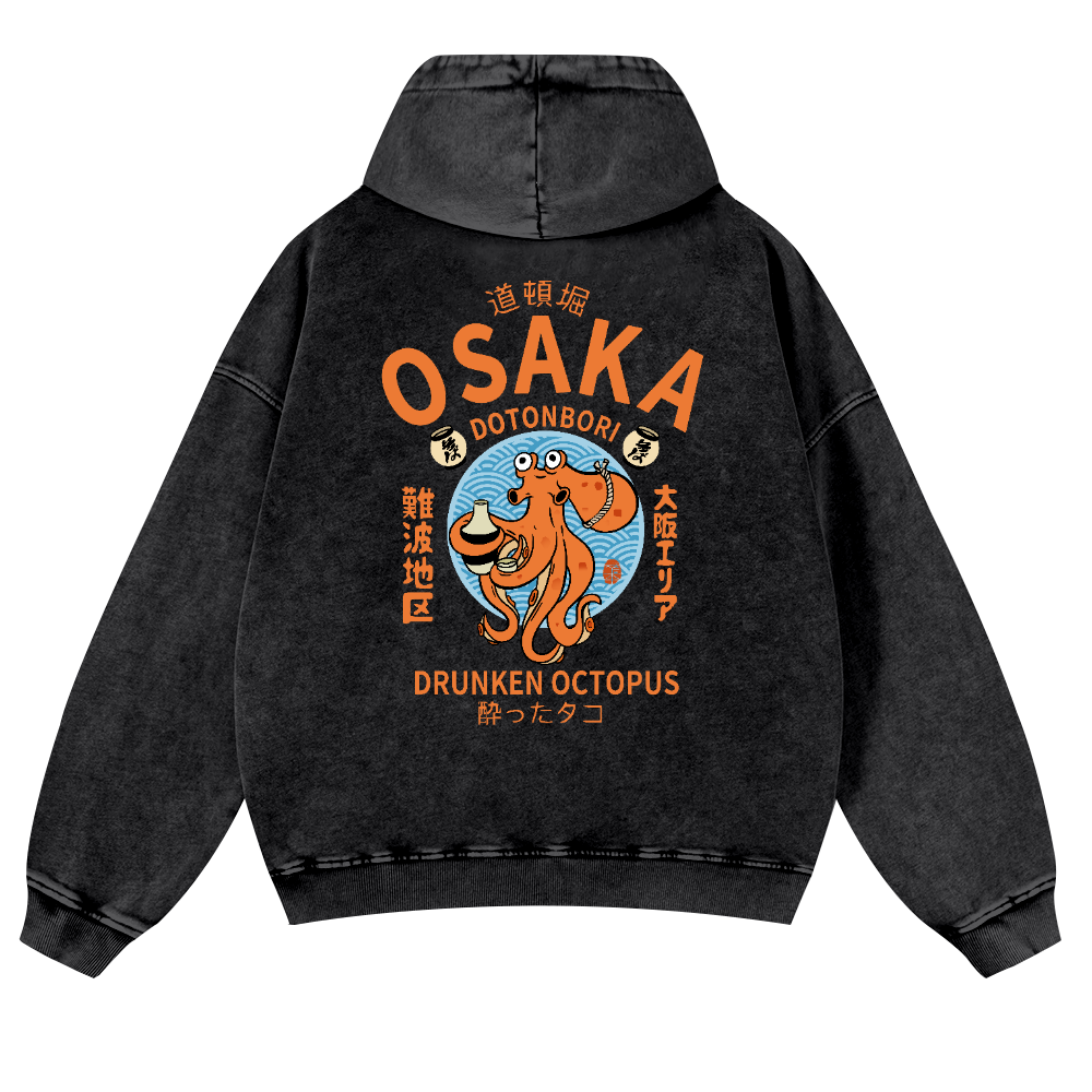 Osaka Drunken Octopus Vintage Washed Cotton Back Art Hoodie