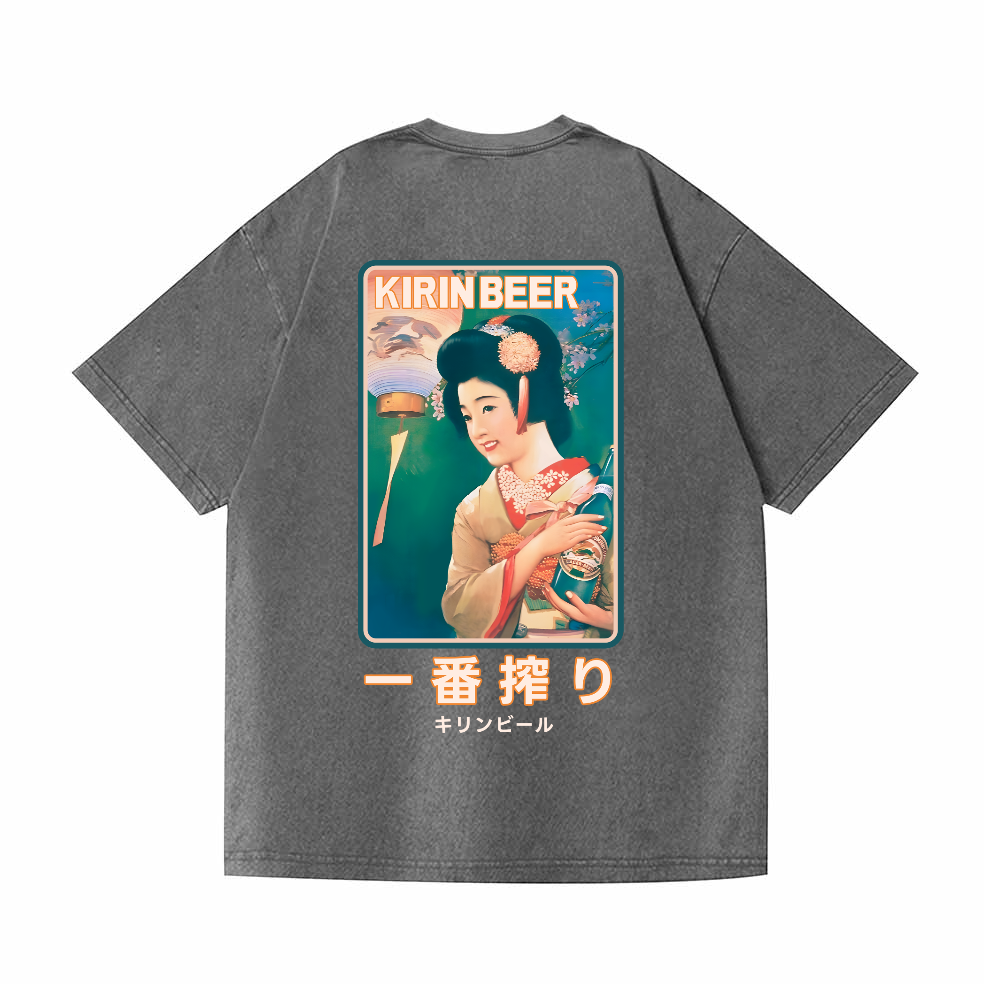 Kirin Beer Vintage Wash Japanese Design Back Art T-Shirt