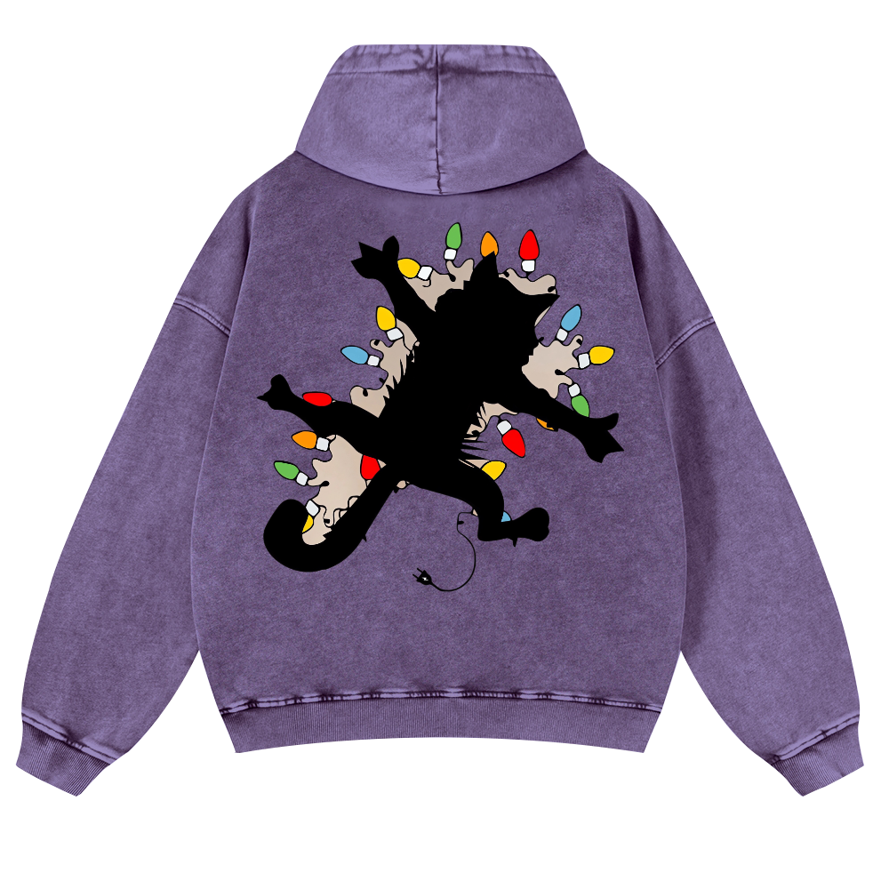 Cat Silhouette and Colorful Bulbs Vintage Washed Cotton Back Art Hoodie