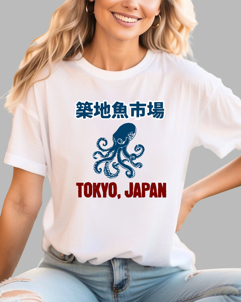 Tsukiji Fish Market Octopus Cotton casual T-shirt
