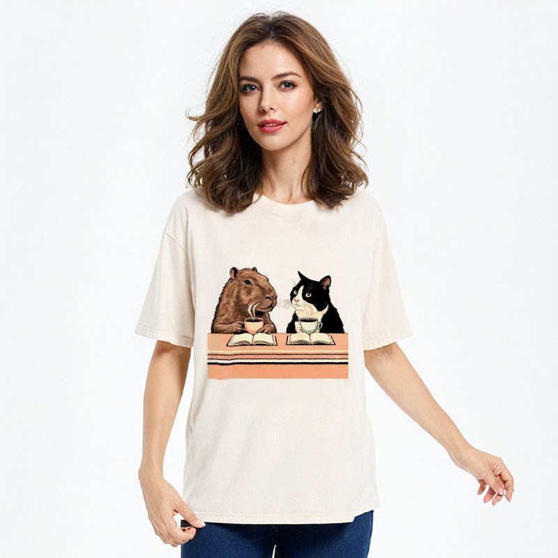 Capybara And Cat Talk Washed T-Shirt