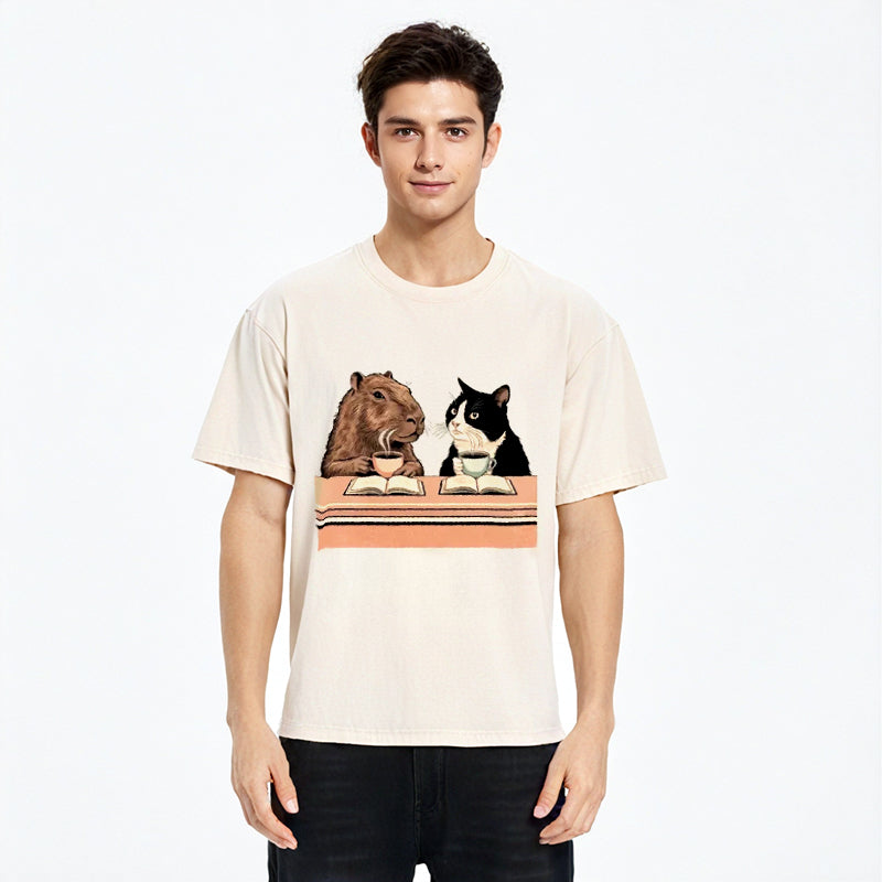 Capybara And Cat Talk Washed T-Shirt