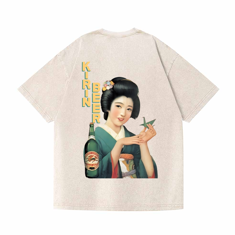 Kirin Beer Vintage Wash Japanese Design Back Art T-Shirt